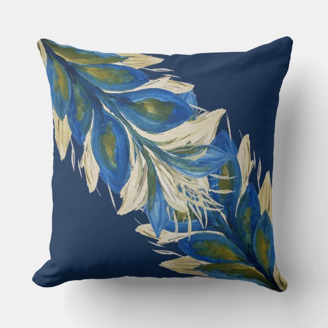 Blue Peacock Leafs Watercolor Hand-painted Navy Throw Pillow (Front)