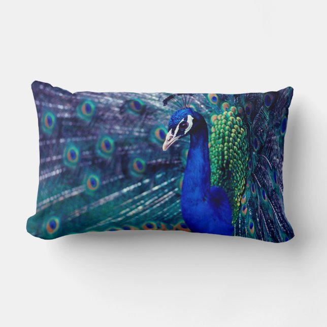 Blue Peacock Lumbar Pillow (Front)