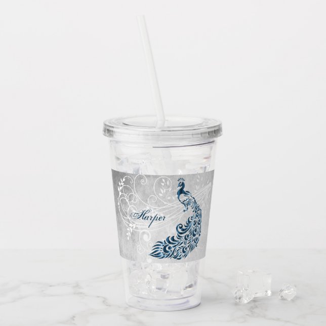 Blue Peacock Personalized Acrylic Tumbler (Front Ice)