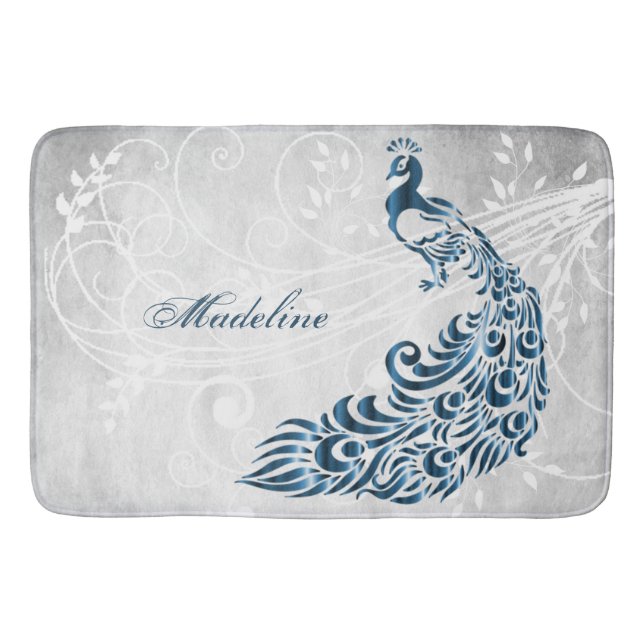 Blue Peacock Personalized Bath Mat (Front)