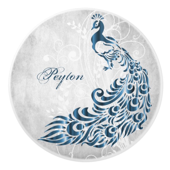Blue Peacock Personalized Ceramic Pull (Front)