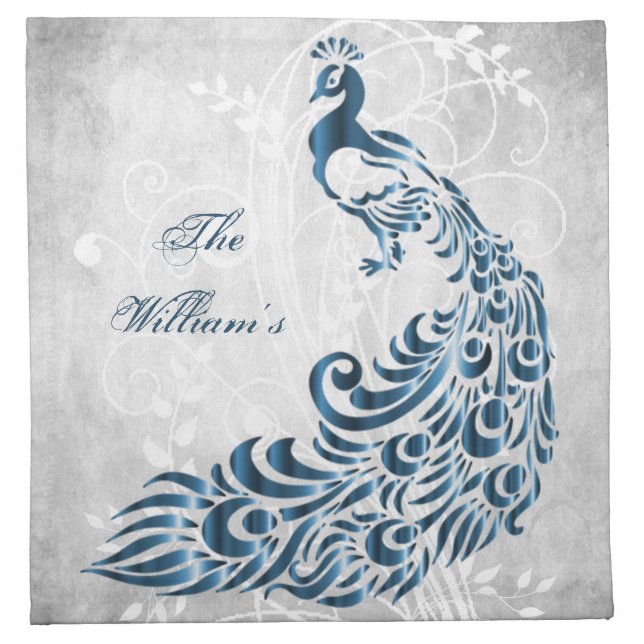 Blue Peacock Personalized Cloth Napkin (Front)
