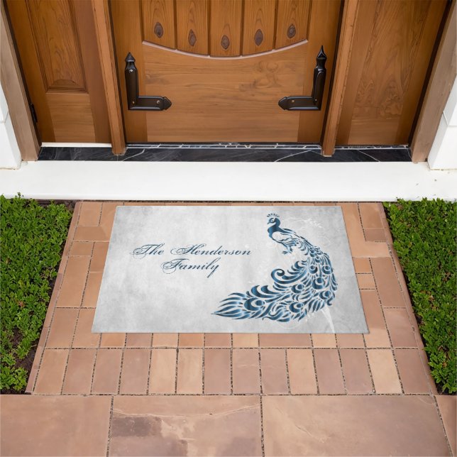 Blue Peacock Personalized Door Mat (Outdoor)