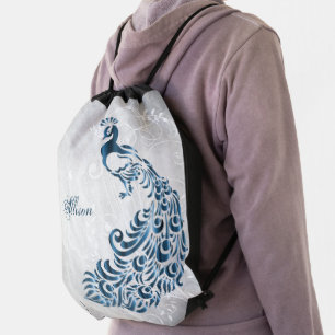 Blue Peacock Personalized Drawstring Backpack