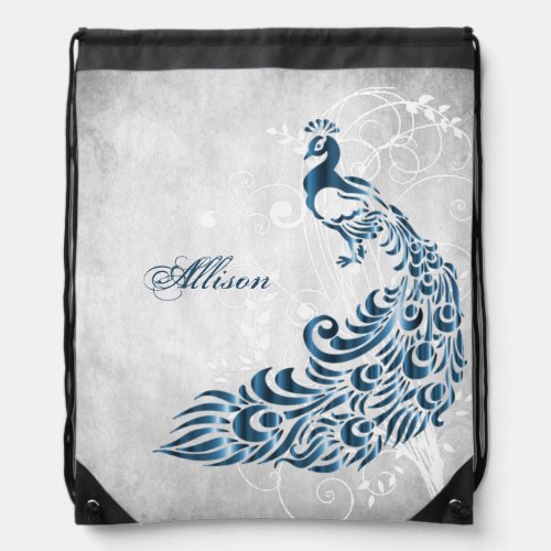 Blue Peacock Personalized Drawstring Backpack