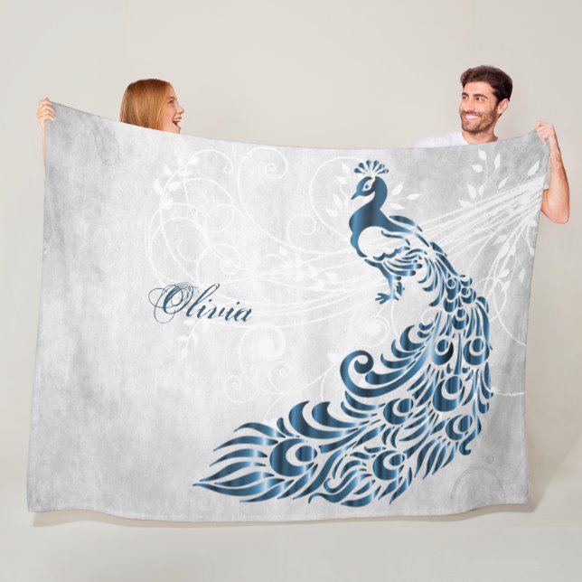 Blue Peacock Personalized Fleece Blanket (In Situ)