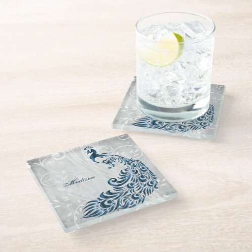 Blue Peacock Personalized Glass Coaster