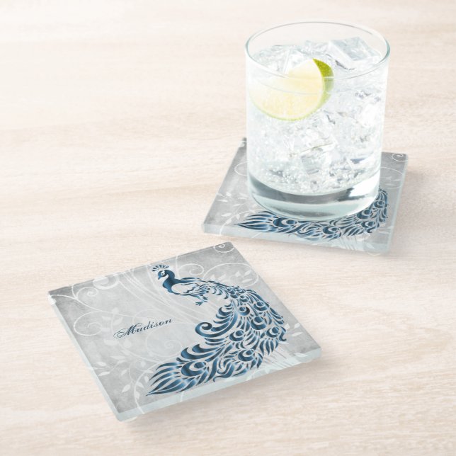 Blue Peacock Personalized Glass Coaster (Angled)