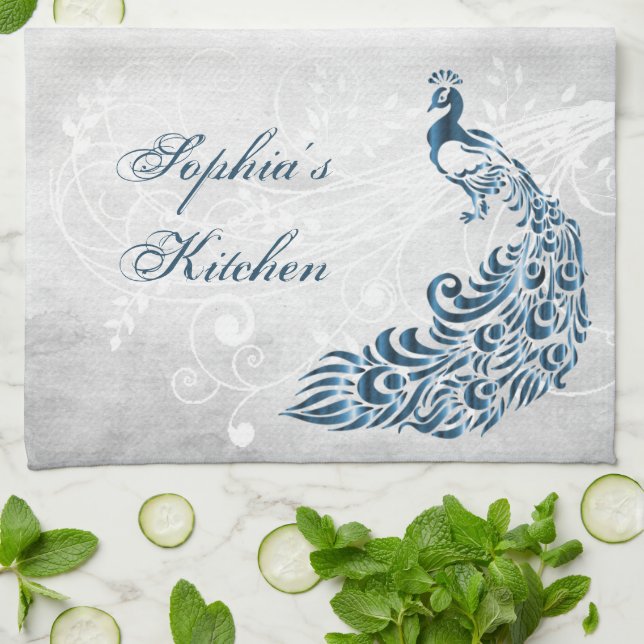 Blue Peacock Personalized Kitchen Towel (Folded)