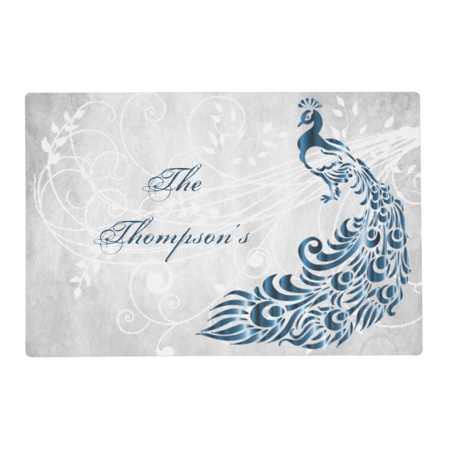Blue Peacock Personalized Laminated Placemat (Front)