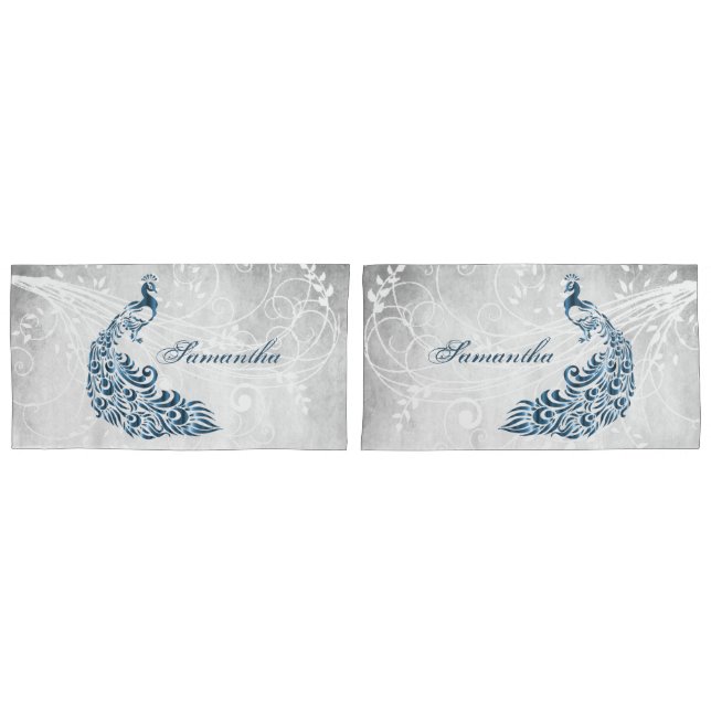 Blue Peacock Personalized Pillowcases (Front-Set)