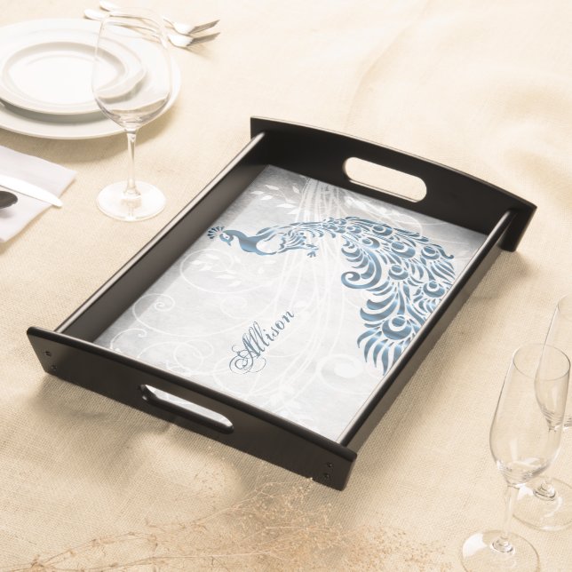 Blue Peacock Personalized Serving Tray (Front)