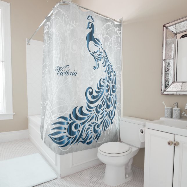 Blue Peacock Personalized Shower Curtain (In Situ)