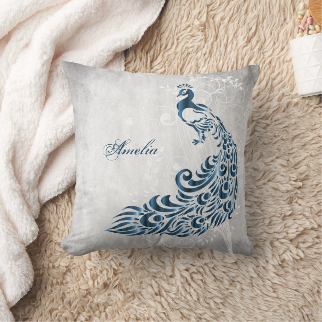 Blue Peacock Personalized Throw Pillow (Blanket)