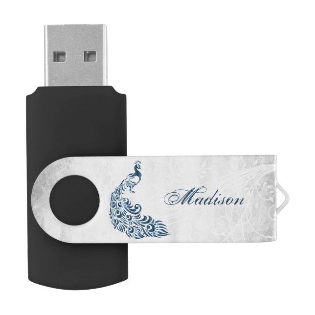 Blue Peacock Personalized USB Swivel Flash Drive (Opened)