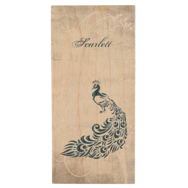 Blue Peacock Personalized USB Wooden Flash Drive (Front Vertical)
