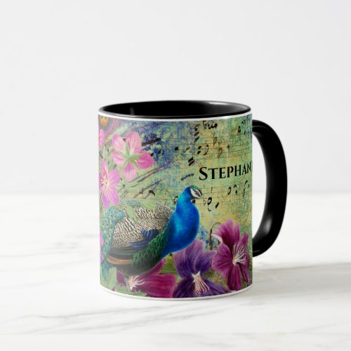 Blue Peacock Pink Flowers Music Notes Collage Mug
