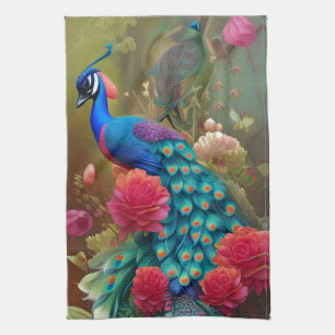 Blue Peacock, Pink Rose Garden Kitchen Towel