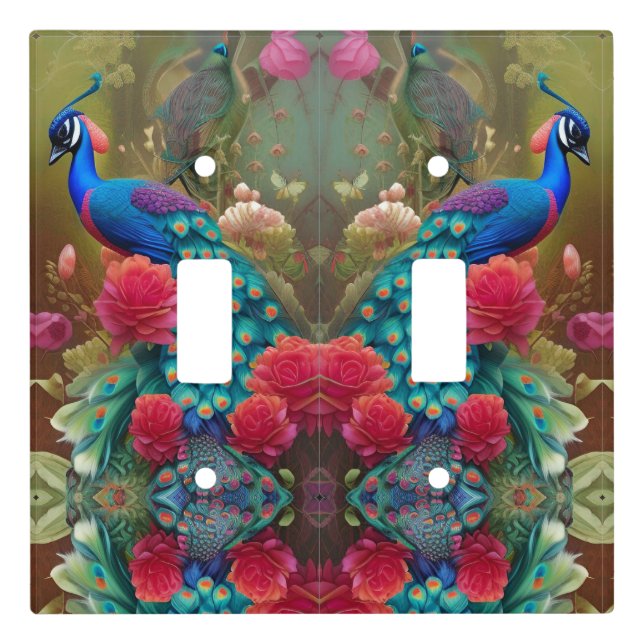 Blue Peacock, Pink Rose Garden Light Switch Cover (Front)