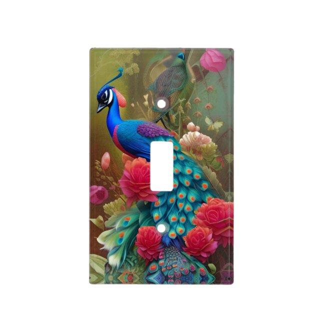 Blue Peacock, Pink Rose Garden  Light Switch Cover (Front)