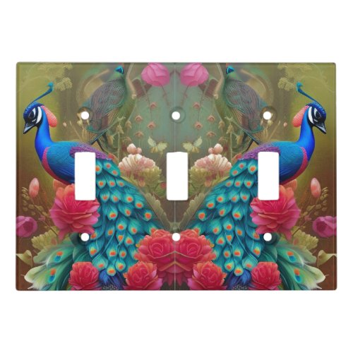 Blue Peacock Pink Rose Garden Light Switch Cover