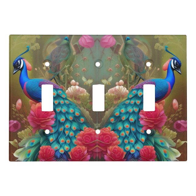 Blue Peacock, Pink Rose Garden Light Switch Cover (Front)