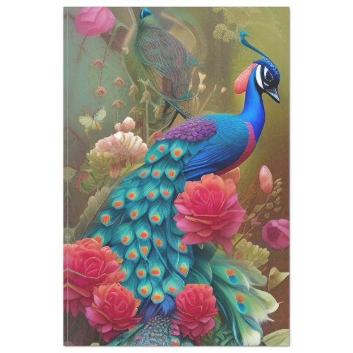 Blue Peacock Pink Rose Garden  Tissue Paper