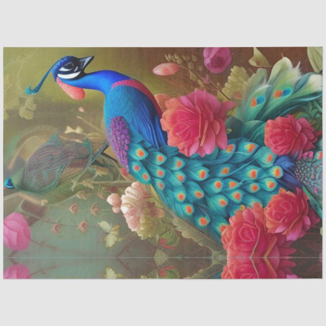 Blue Peacock, Pink Rose Garden  Tissue Paper (Front)