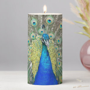 Blue Peacock Plumage Photo Pillar Candle