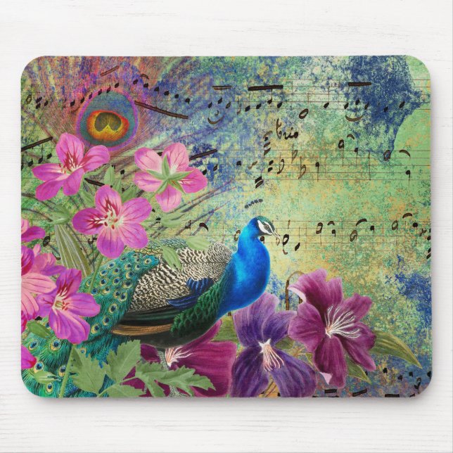 Blue Peacock Purple Pink Flowers Musical Notes Mouse Pad (Front)