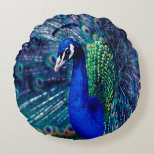 Blue Peacock Round Pillow