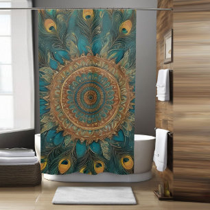 Blue Peacock Style Boho Shower Curtain