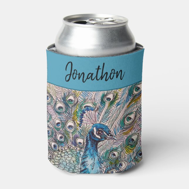 Blue Peacock Watercolor Art Birthday Can Cooler (Can Front)