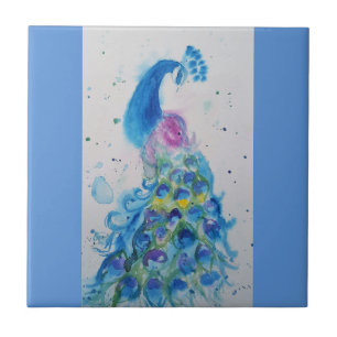 Blue Peacock Watercolor Blue Bird Birds Ceramic Tile