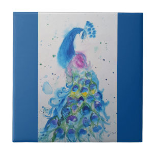 Blue Peacock Watercolor Navy Blue Bird Birds Ceramic Tile
