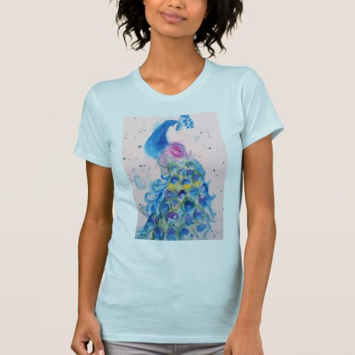 Blue Peacock Watercolor painting art Womens T_Shirt