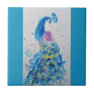 Blue Peacock Watercolor Teal Blue Bird Birds Ceramic Tile
