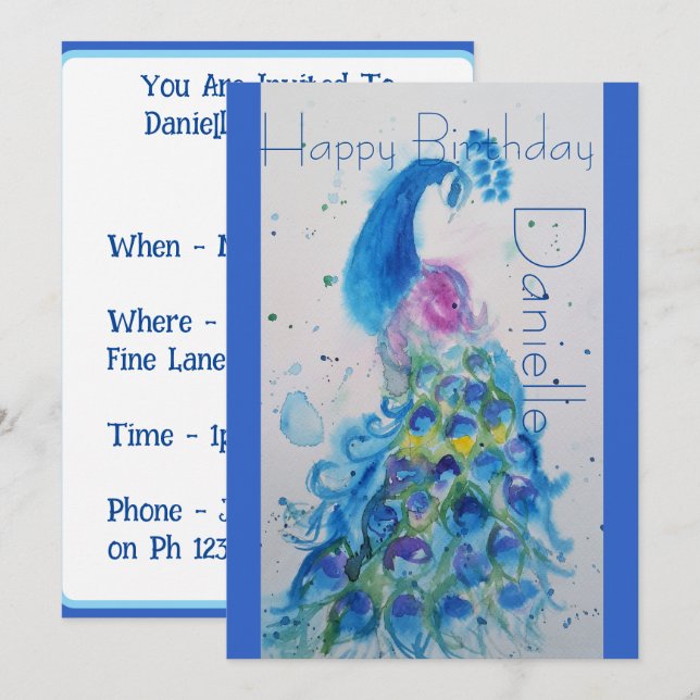 Blue Peacock Watercolour Birthday Invitation (Front/Back)