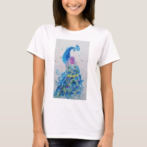 Blue Peacock Watercolour painting art T Shirt