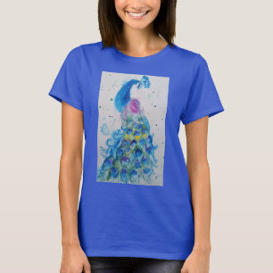 Blue Peacock Watercolour painting art Womens T-Shirt