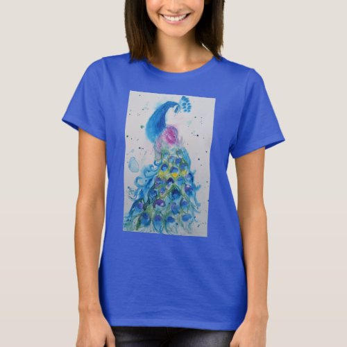 Blue Peacock Watercolour painting art Womens T_Shirt