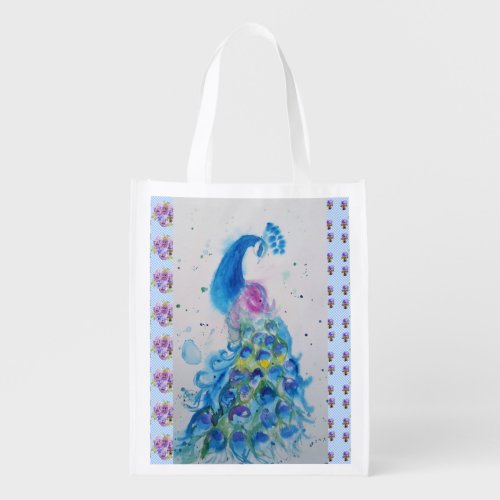 Blue Peacock Watercolour Reusable Grocery Bag