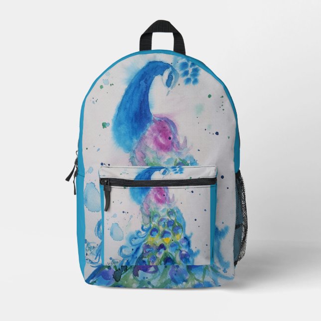 Blue Peacock Watercolour Reusable Grocery Bag (Front)