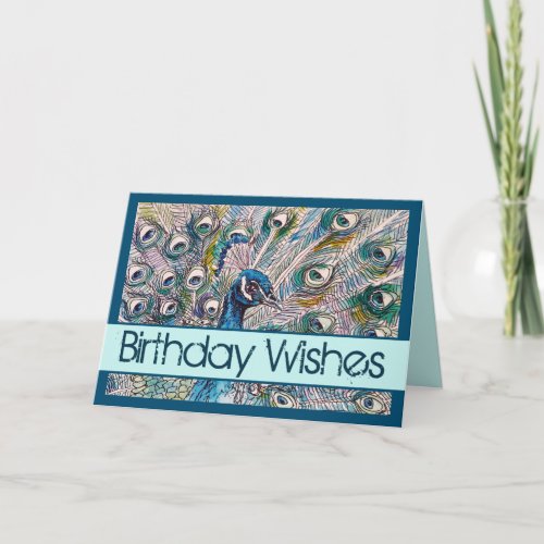 Blue Peacock Watercolour Teal Bird Birds Card