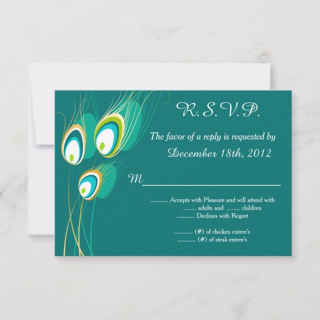 Blue Peacock Wedding 3.5x5 R.S.V.P. Reply Card (Front)