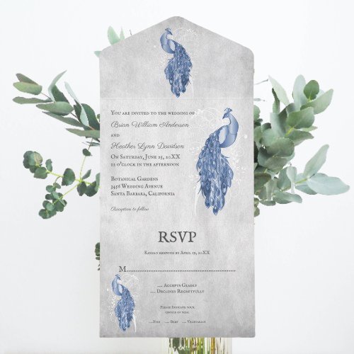 Blue Peacock Wedding All In One Invitation