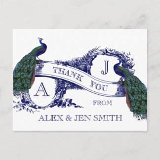 Blue Peacock Wedding Thank You Postcard