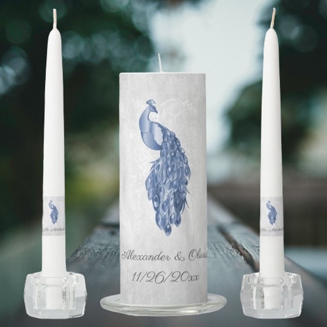 Blue Peacock Wedding Unity Candle Set (Blue Peacock Wedding Unity Candle Set)