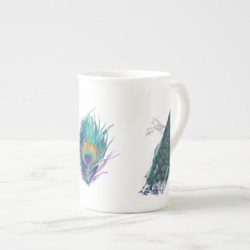 Blue Peacock with beautiful tail feathers Bone China Mug