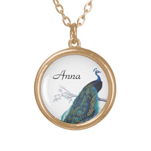 Blue Peacock with beautiful tail feathers Gold Plated Necklace